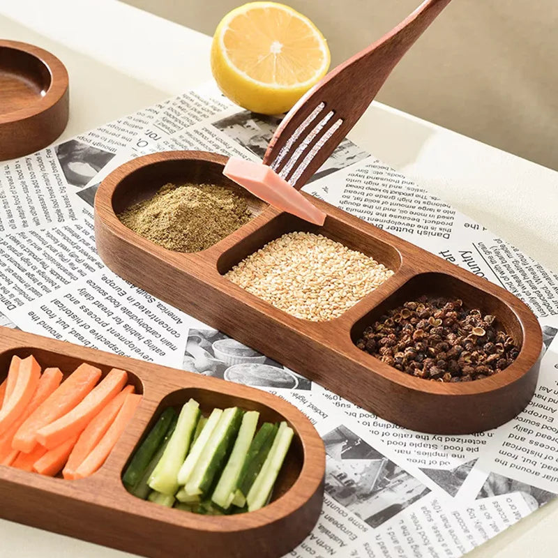Solid wood rectangle tray 2/3 grid condiment plate breakfast food sushi bread dessert sauce kitchen dinner seasoning