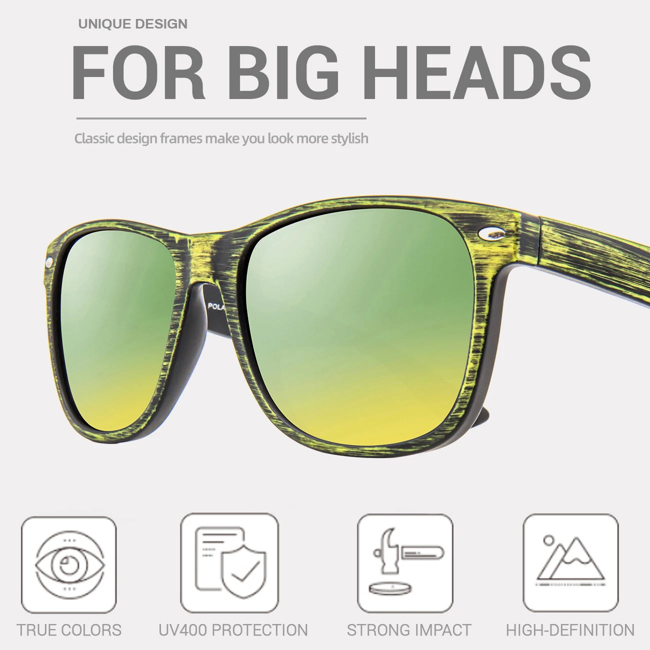 Juli polarized sunglasses for big heads men&women,uv 400 protection wood grain frame 8809 - a13 grain-gold / china