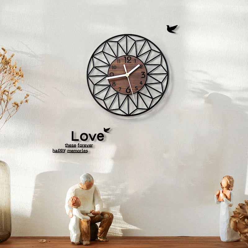 Wooden grain wall clock bedroom decoration aesthetics kitchen living room office home 12 inch - black