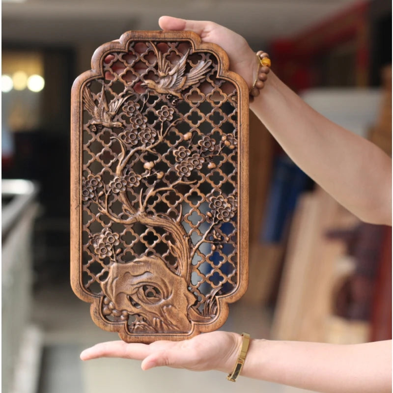 Chinese classical hollow wood carving crafts camphor wall hanging background home decoration height 35cm - walnut color4