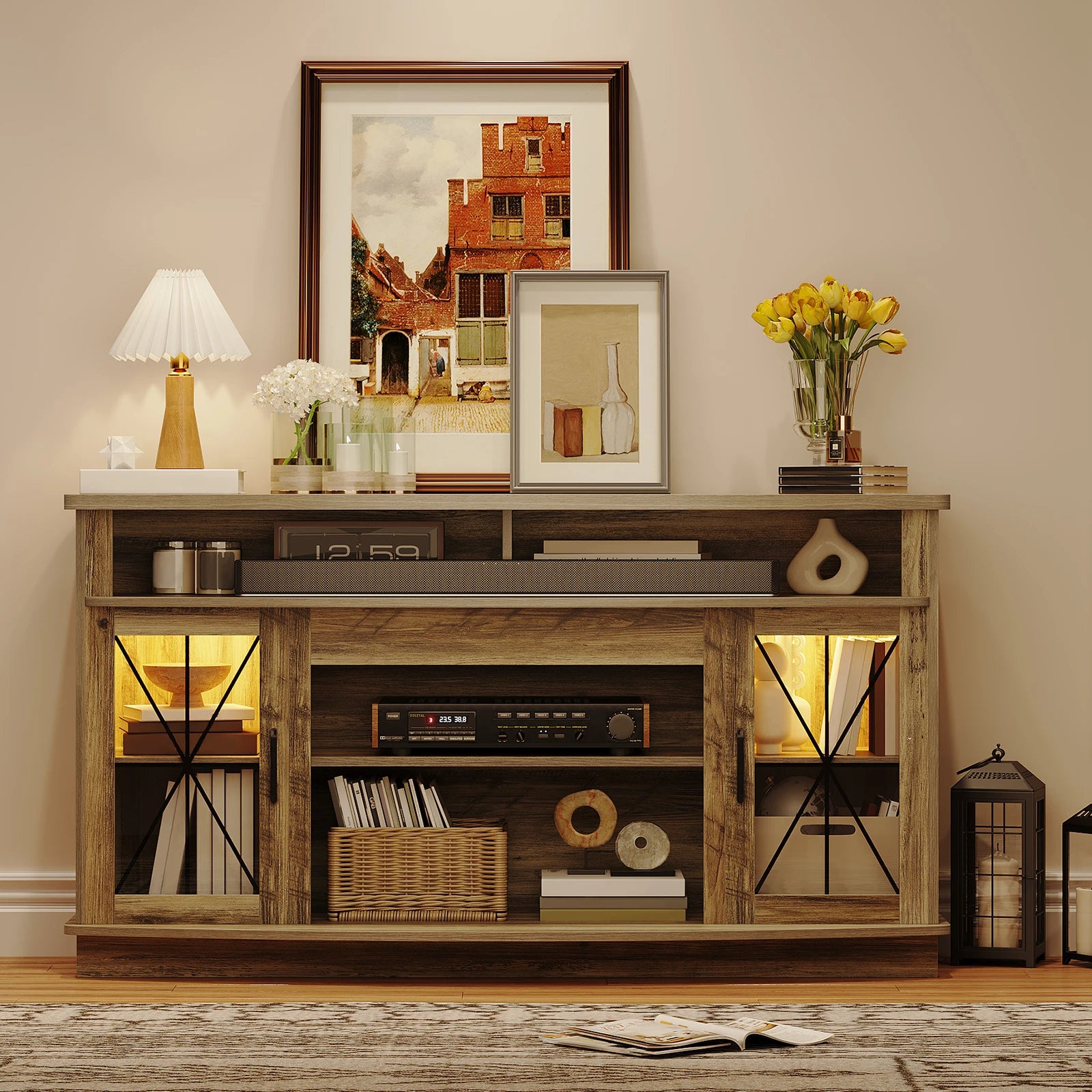 Tv stand for living room farmhouse tvs up to 70’’ 32’’ tall entertainment center with storage cabinets open shelves