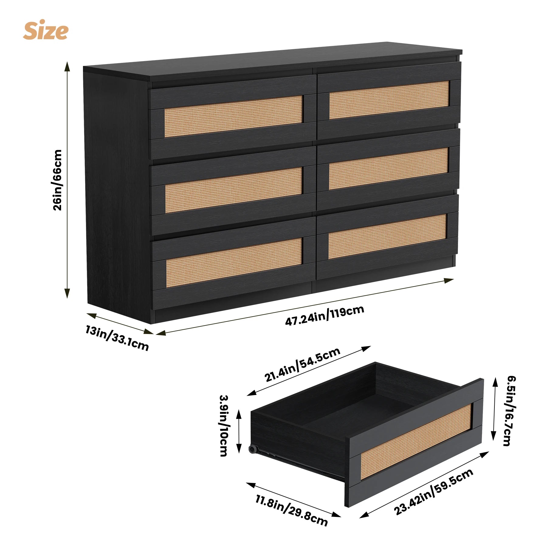 Rattan dresser for bedroom 6 drawer modern wide chest of drawers with anti-tip kit wood storage - black / united states