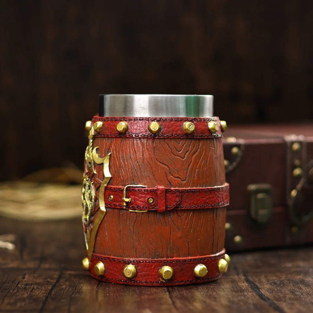 Medieval vintage viking mug dragon sword and shield beer resin stainless steel wooden barrel tankard coffee wine cup