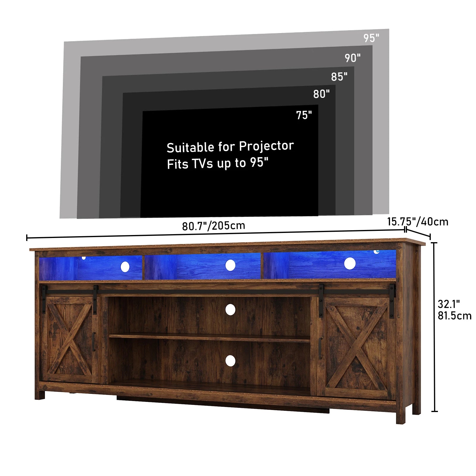 Tv stand farmhouse coffee bar cabinet rustic sliding barn door storage with power outlet & led light 57’’ wooden cabi