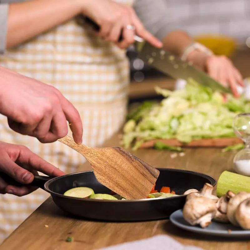 Teak wooden utensil set 5-piece - natural cooking spoons spatula slotted spoon salad server non-scratch eco-friendly