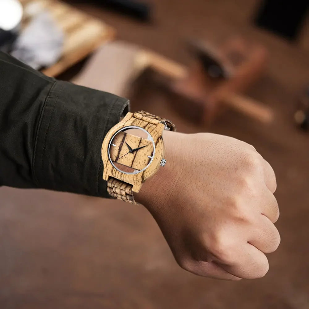 Men women natural wood watch unique hollow dial with full wooden bamboo bangle quartz wristwatch novel handmade clock
