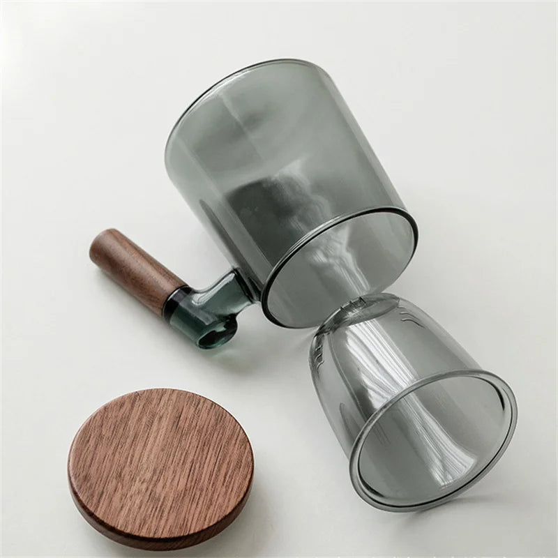 400ml walnut wooden handle lid filter glass tea cup water separation scented office flower mug - black