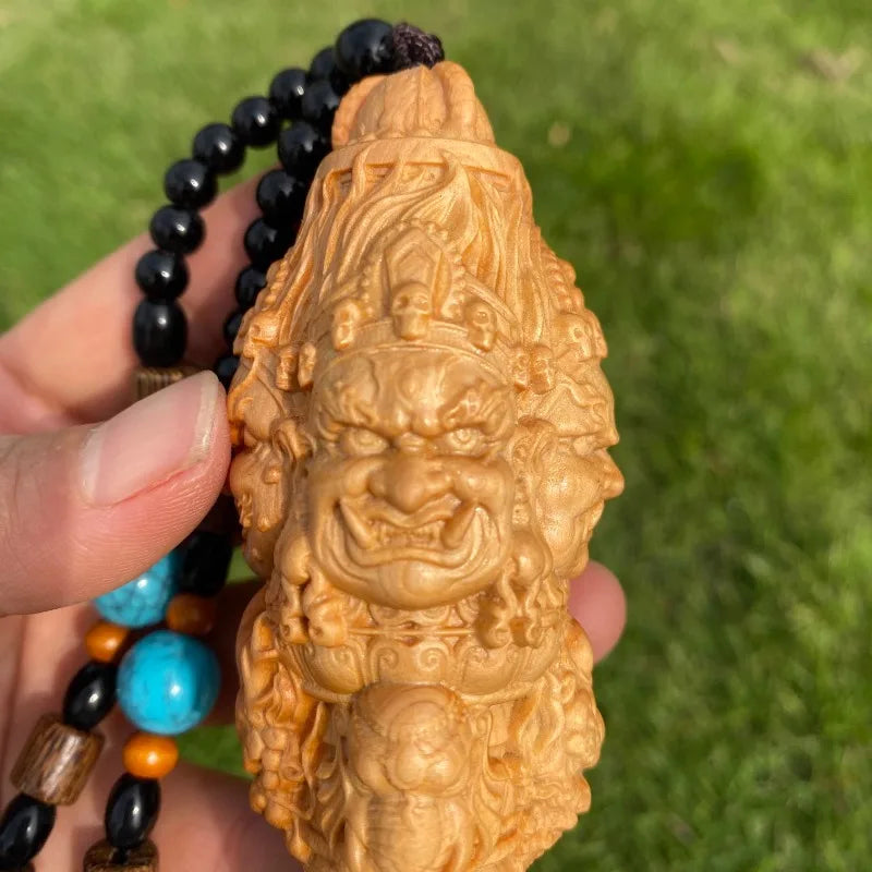 Hand carved cypress wooden multi face vajra phurpa pendant charm - buddhist ritual tool portable piece car hanging gift