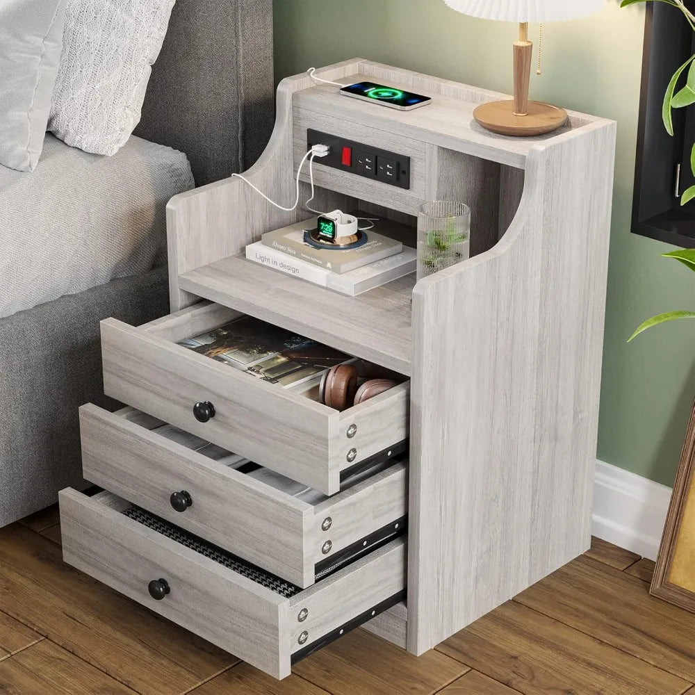 Nightstand with charging station night stand hutch & storage drawers end table side bedroom,