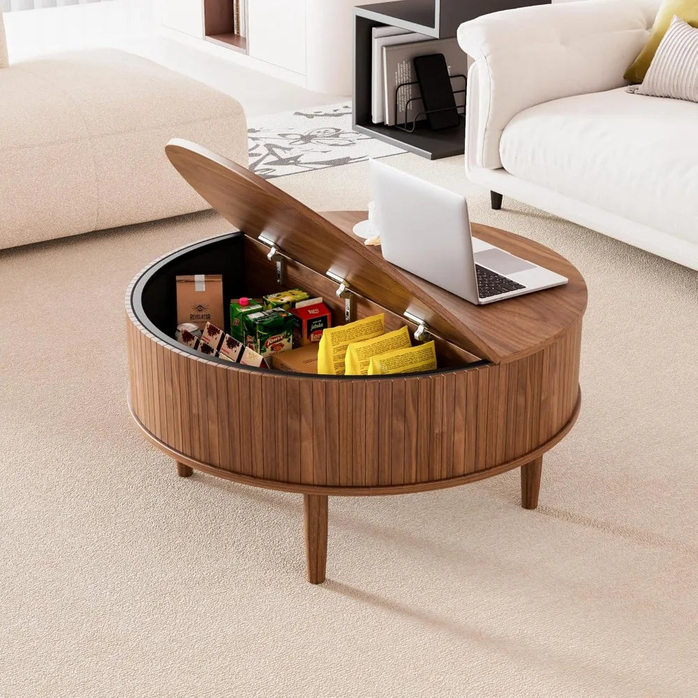 Round fluted lift top coffee table with storage mid century modern for living room home small space