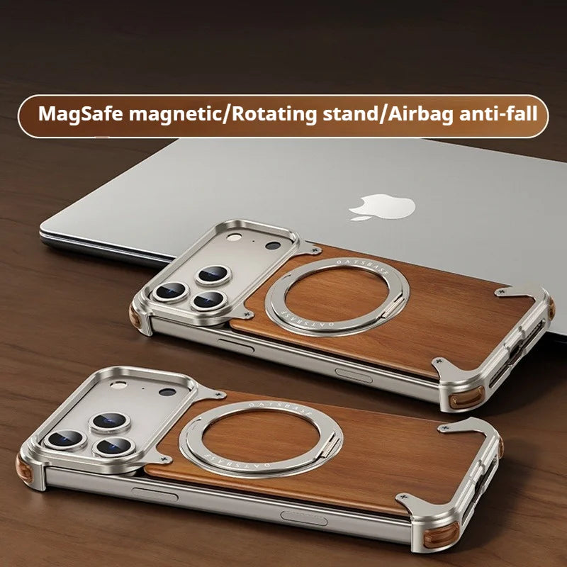 Eary magnetic wooden case for iphone 17 pro max air magsafe wireless chargers 360°rotating stand aluminum solid wood