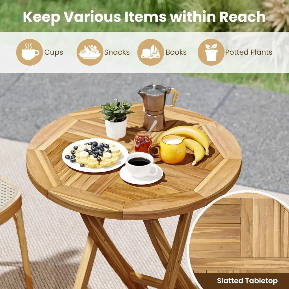 Patio teak wood dining table 27.5’’ round side with slatted tabletop sturdy x-shaped frame outdoor wooden coffe