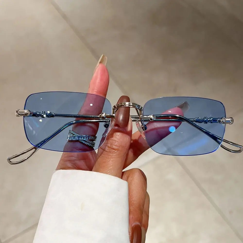 Rimless sunglasses men women wooden pattern luxury brand retro square sun glasses fashion shades uv400 travel outdoor