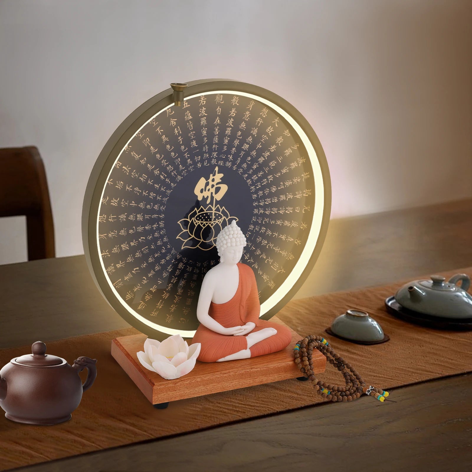 Buddha statue decoration ceramic with circle led lamp for decor white/red/yellow/blue 11.8*4.7*13in - religious