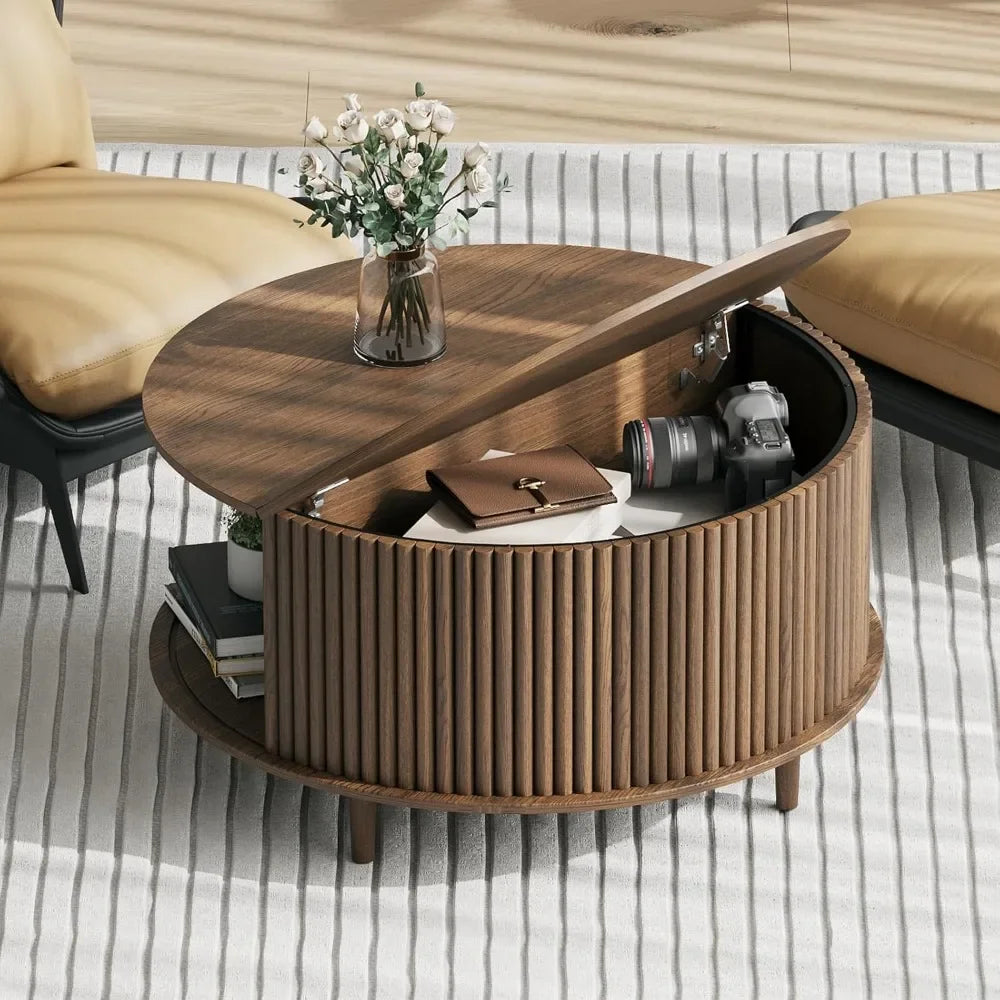 Round coffee table with storage,mid century modern sliding cabinet door,wood for living room