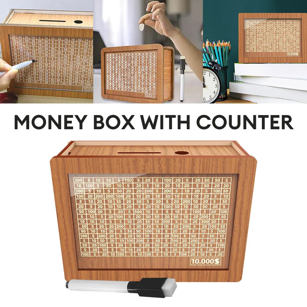 Wooden money saving box 10,000 units counter with goals cash coin storage - color / united states - multipurpose
