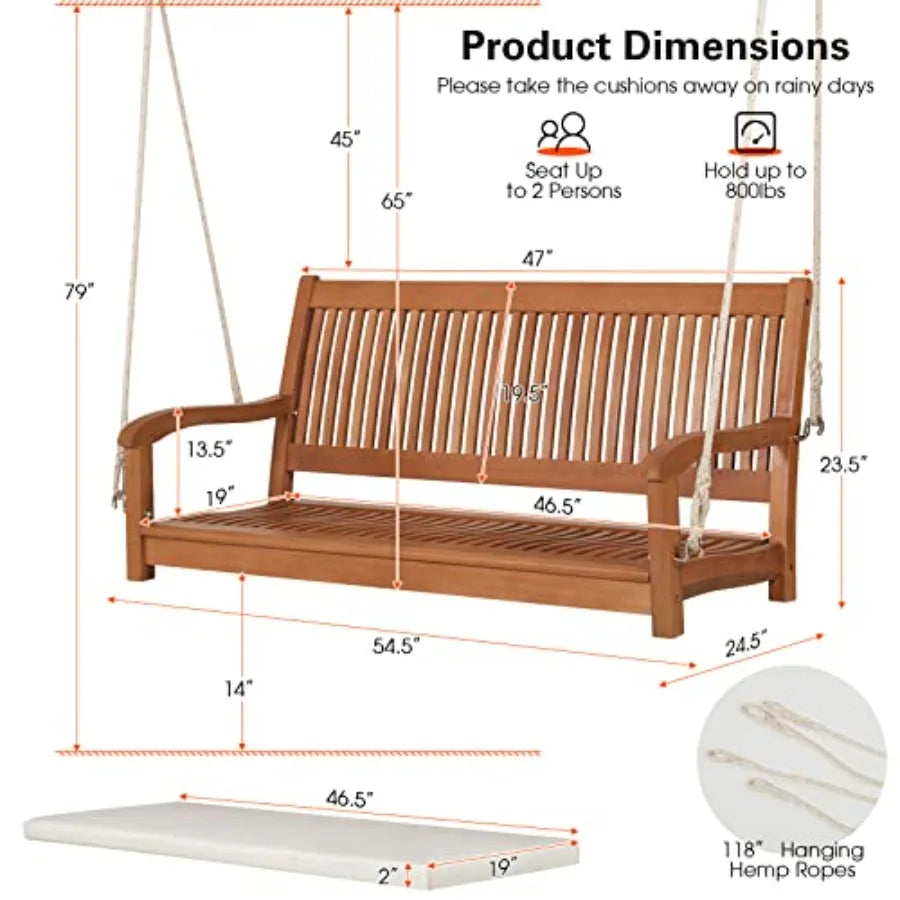 2 person hanging porch swing outdoor bench with ropes high back cozy armrests heavy duty 800lbs wooden sw - united