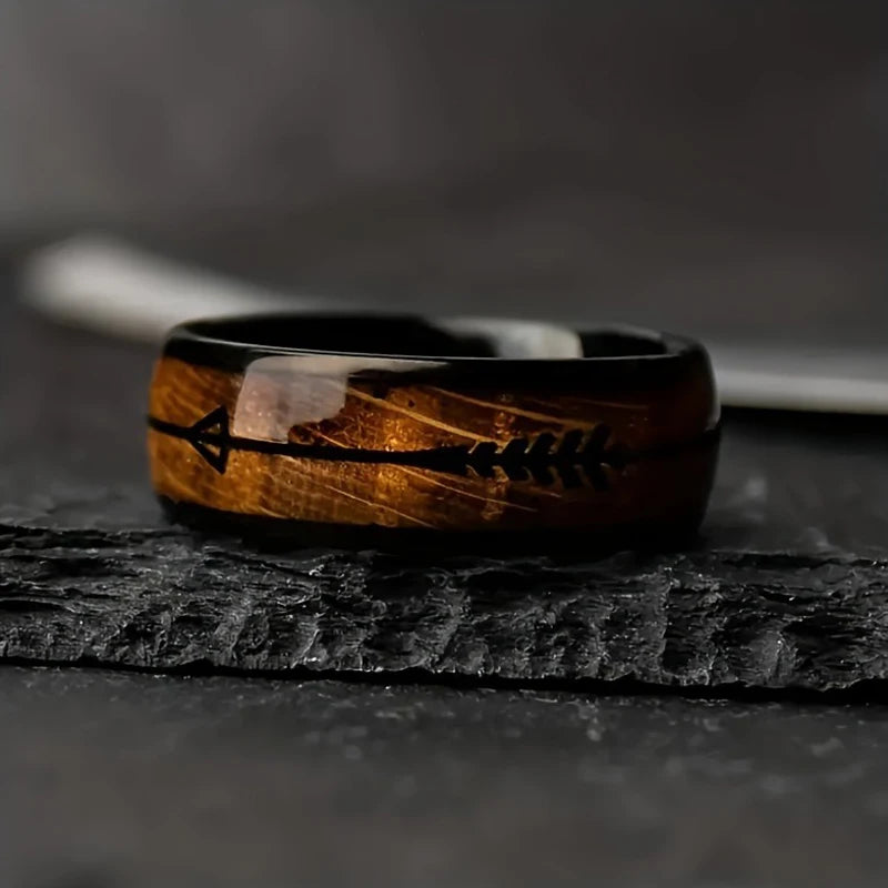Fashion 8mm black stainless steel arrow rings for men hawaiian koa wood inlay wedding band jewelry wholesale - ring