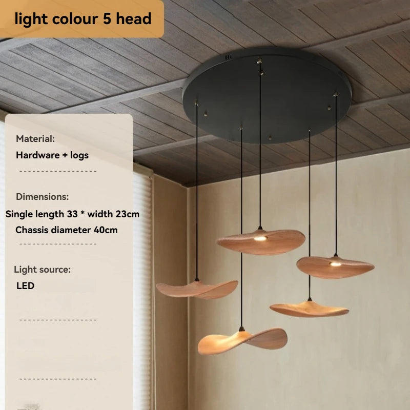 Solid wood walnut color leaf multi-head combination chandelier living room main lamp restaurant wabi-sabi retro style