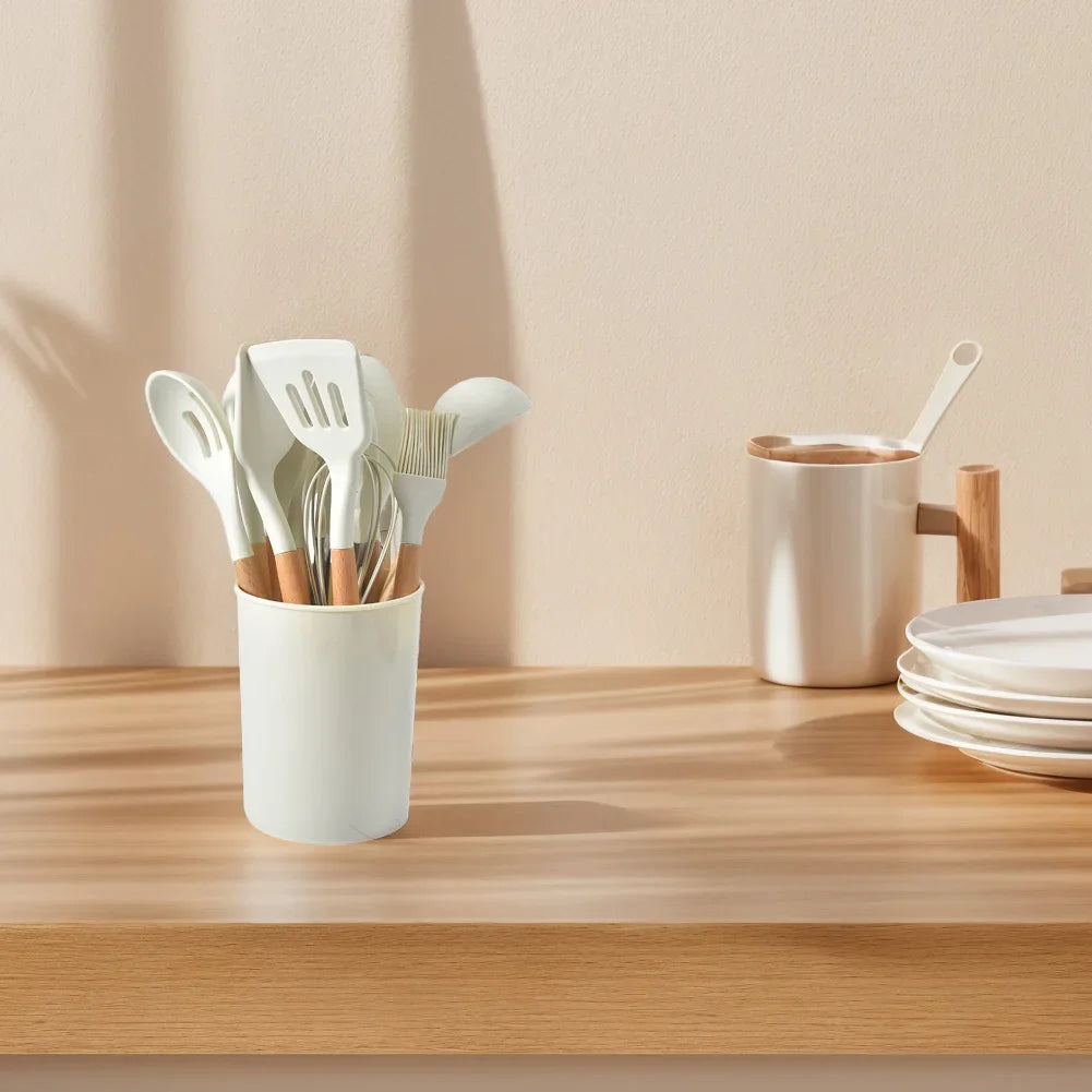 12pcs kitchen utensil set heat-resistant cookware wooden handle with holder spatula spoon brush whisk supplies