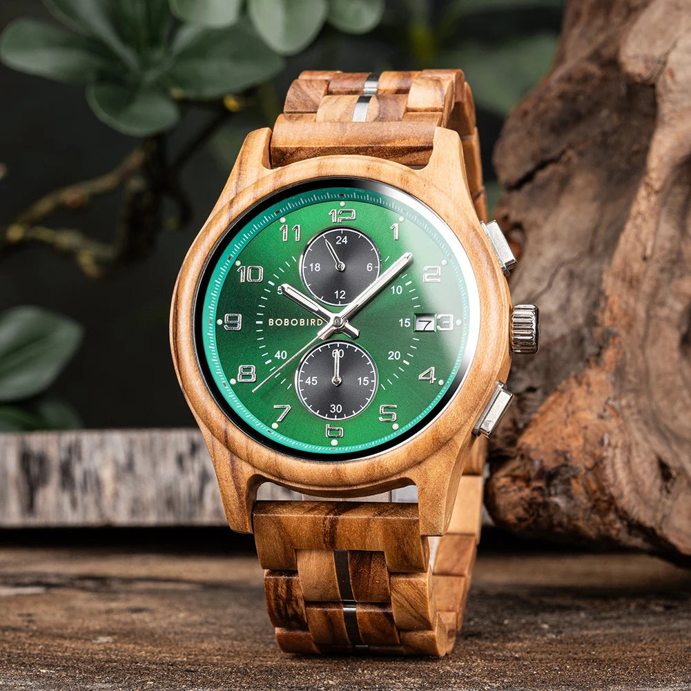 Wooden watch for men bobo bird chronograph wristwatch with luminous hands wood watches anniversary gift him - olive wood
