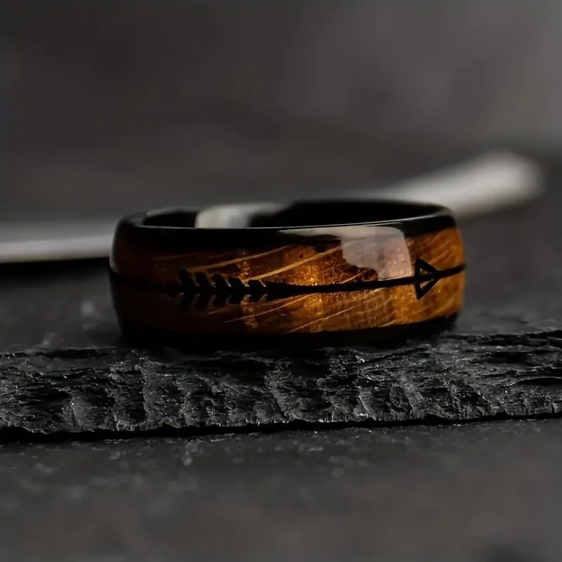Fashion 8mm black stainless steel arrow rings for men hawaiian koa wood inlay wedding band jewelry wholesale - ring