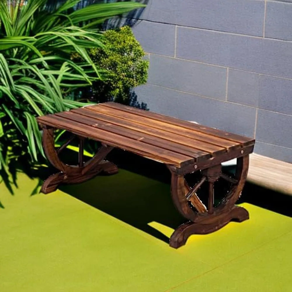 Outvita wooden garden bench outdoor rustic wagon wheel with carbonized finish & fir construction for porch backyar