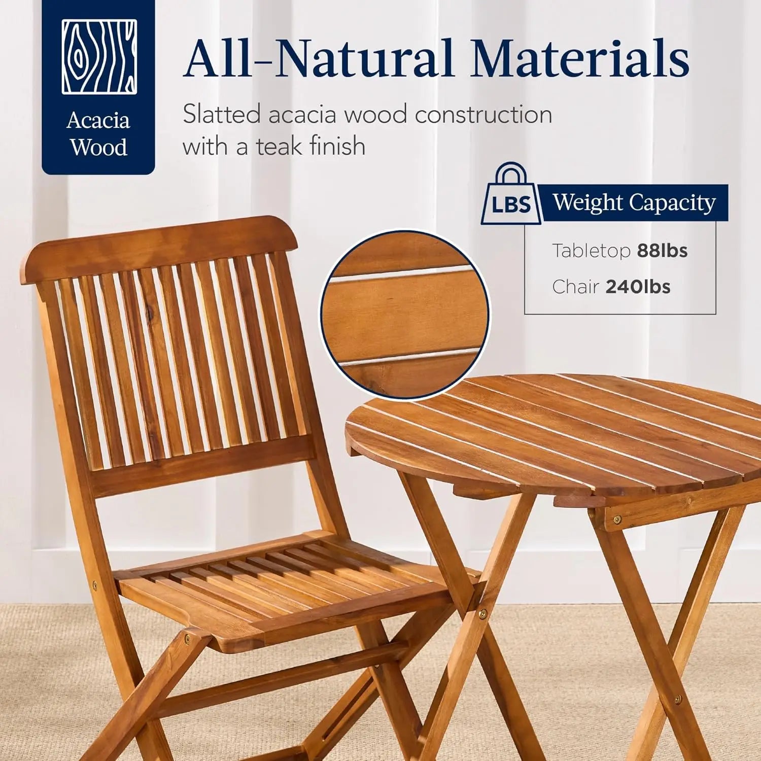 3-piece acacia wood bistro set folding patio furniture for backyard balcony deck w/ 2 chairs round coffee table,teak