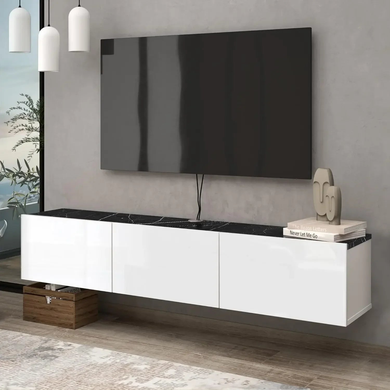 Floating tv stand up to 75 inch wall mounted entertainment center - marble like / united states