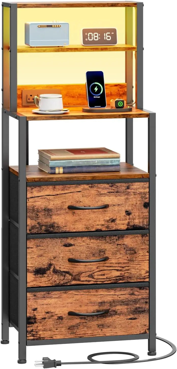 Night stand tall nightstand with 4-tier shelves and 3 fabric drawers led bed side tables charging station bedside table