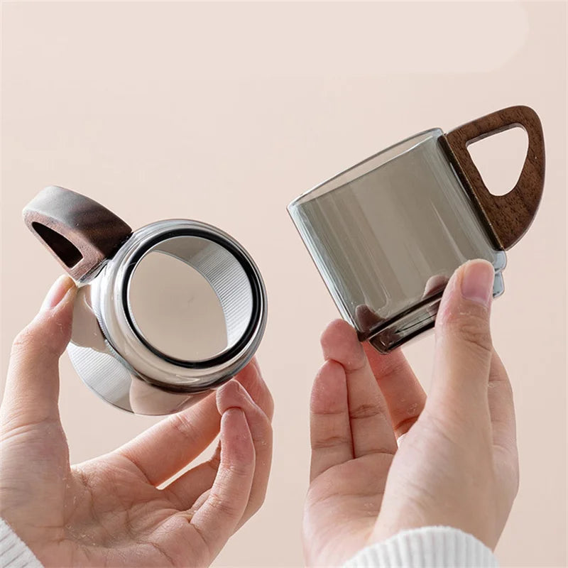 6pcs/lot 100ml small glass cup with wooden handle heat resistant espresso coffee cups tea water tasting kung fu set