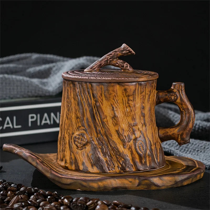 Vintage wood texture cups tree stump ceramic coffee mug with handle and lid breakfast milk mugs personalized gifts