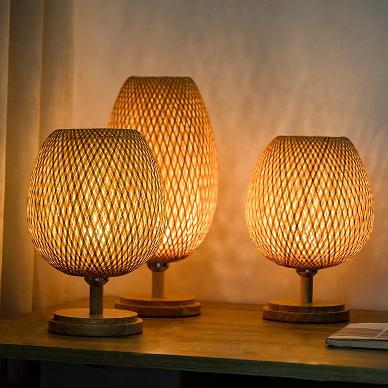 Small rattan table lamp stepless dimmable beside vintage wicker wooden nightstand for bedroom living room desk