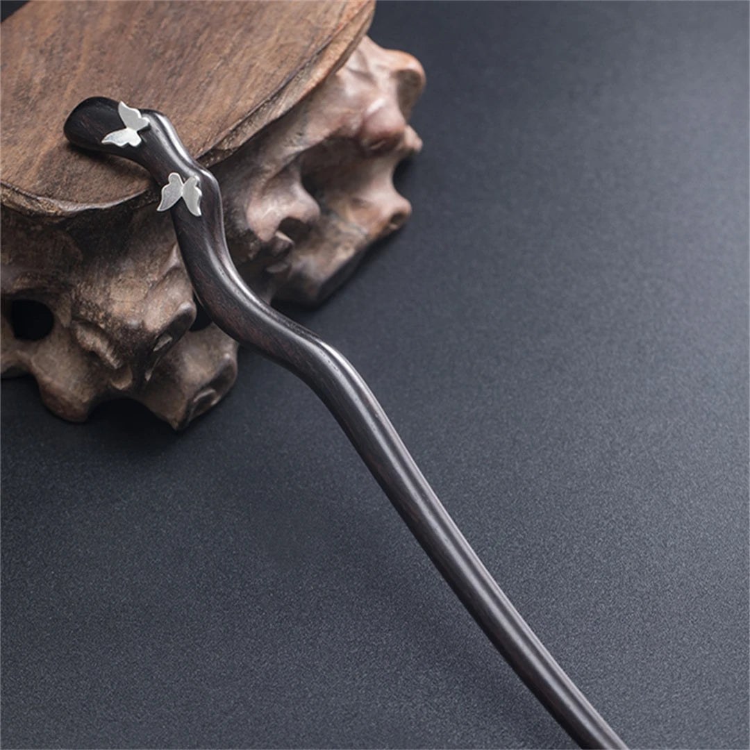 New 100% s925 pure silver women’s men retro hairpin ebony wood literary butterfly chinese style hanfu hair accessories