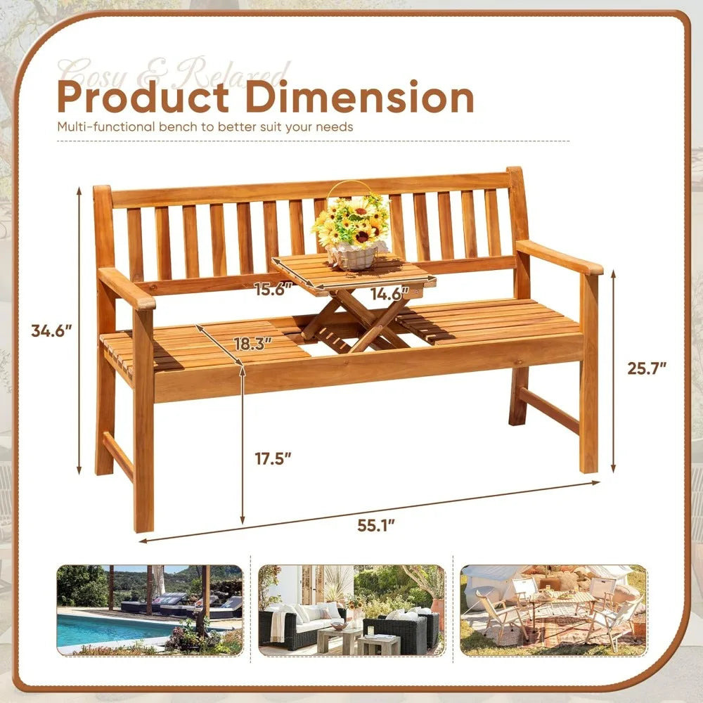 2-person wooden outdoor garden bench patio loveseat with pull-out center table for backyard balcony furniture - log
