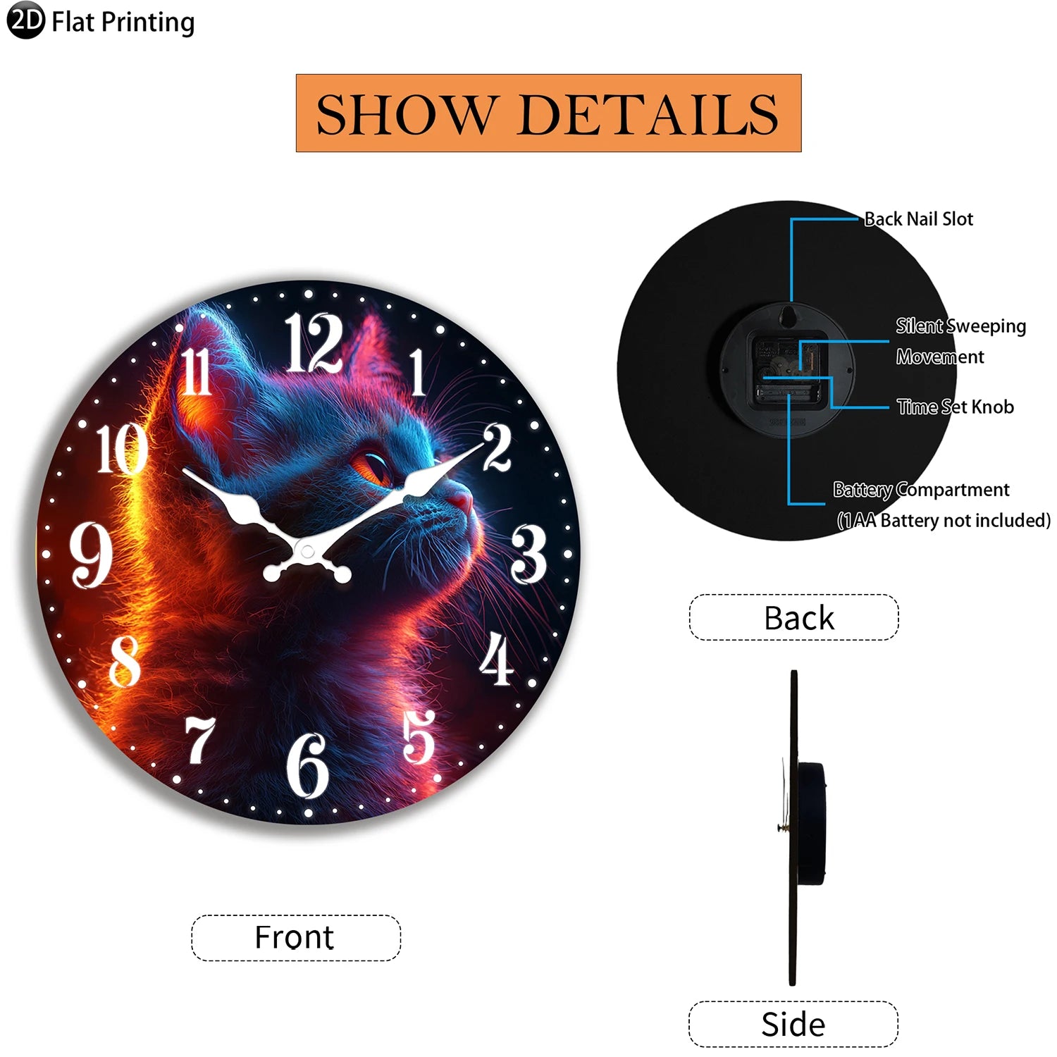 Wooden silent wall clock neon glowing cat quartz analog for bedroom bathroom halloween new year gift