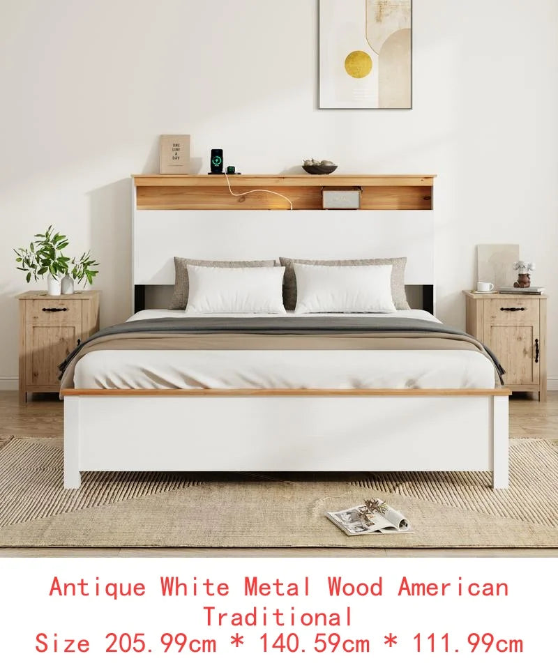 Rustic farmhouse king bed frame with storage headboard & built-in charging station classic white wood design easy