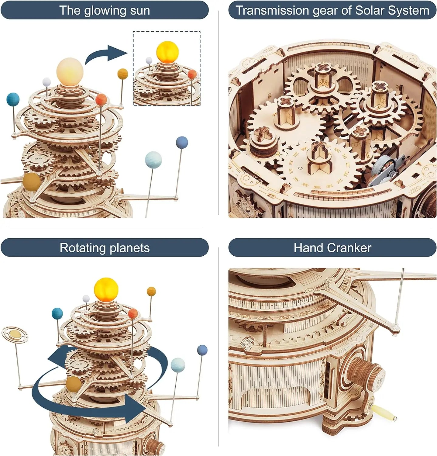 Robotime rokr 316pcs rotatable mechanical orrery diy wooden model building block kits assembly toy gift for children
