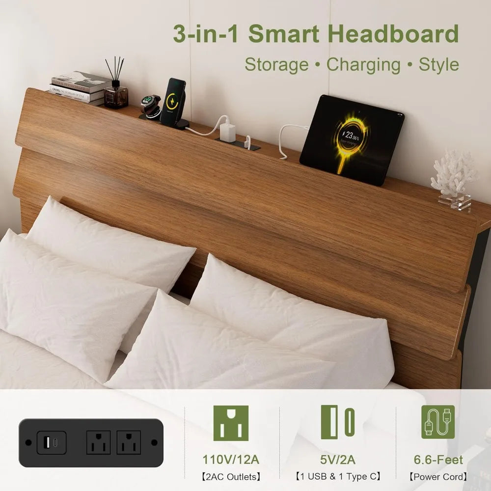 Feonase floating bed frame king with led lights and charging station wood full size storage headboard heavy dut