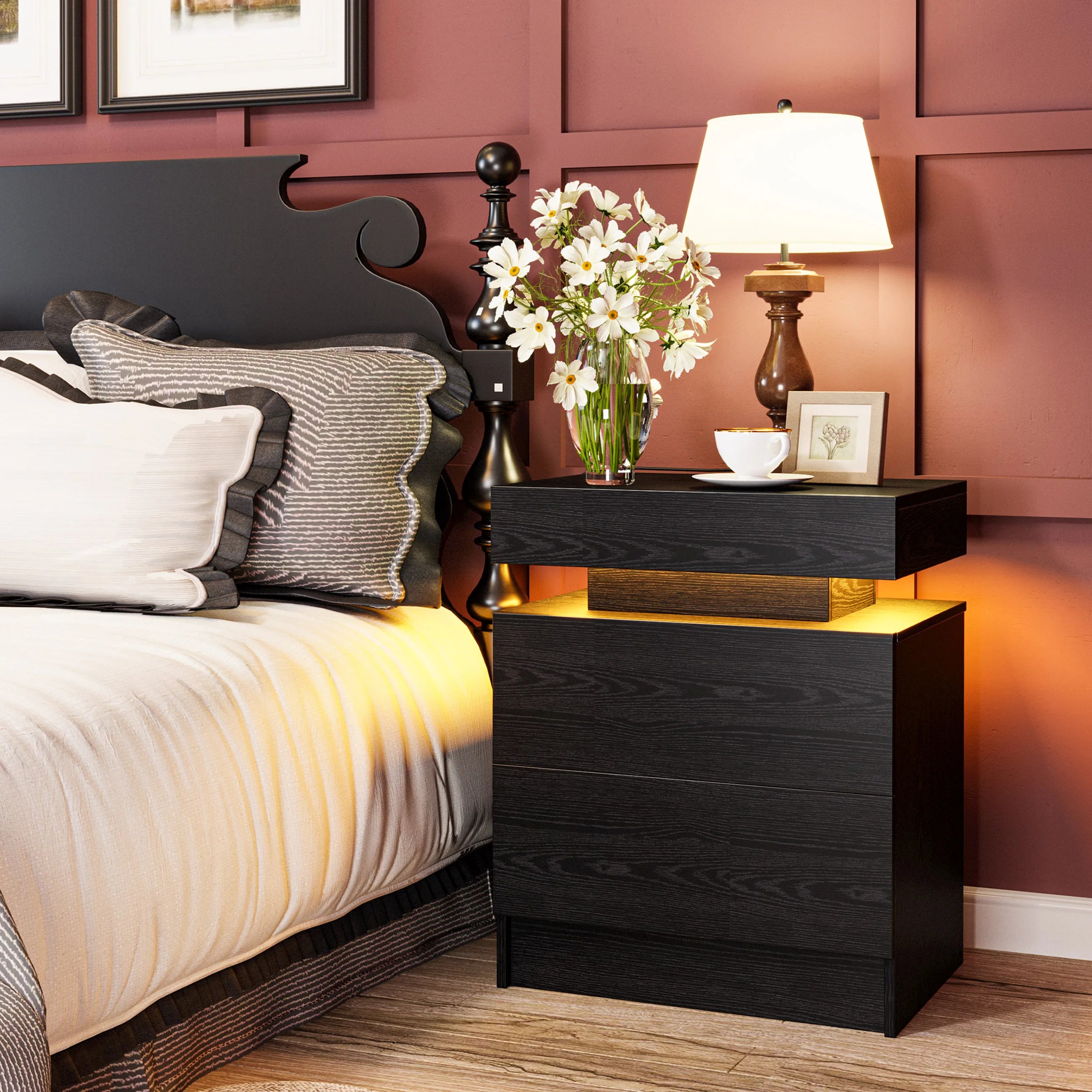 Likimio night stand with charging station modern nightstand led light and drawers bedside tables/end table for bedroom