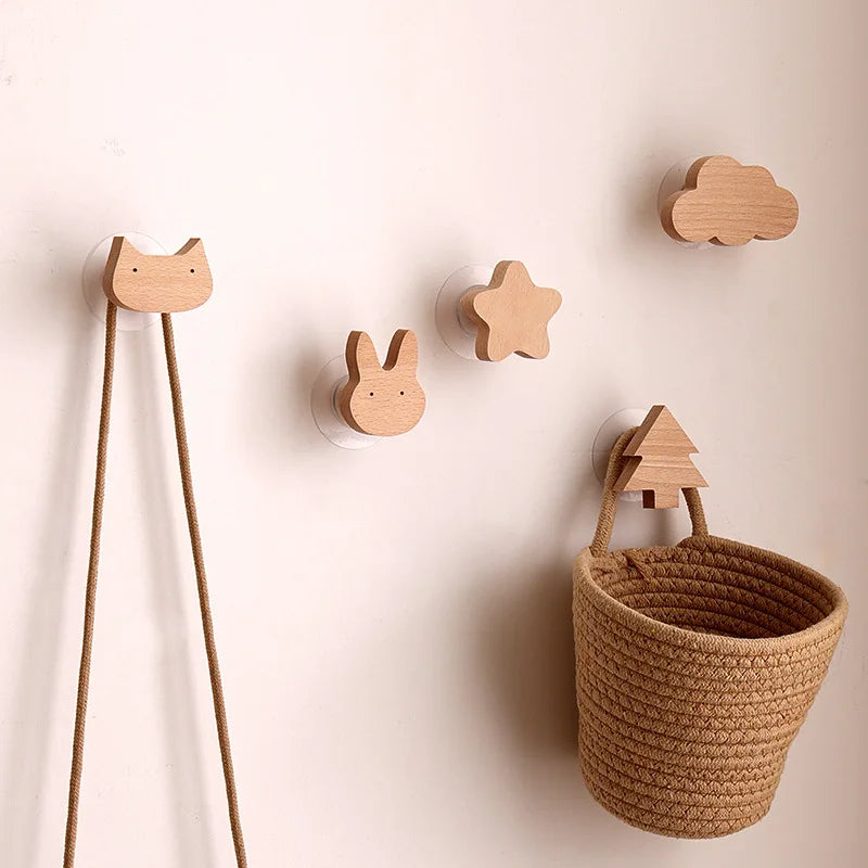 Star moon wooden decoration hooks cute cartoon animal adhesive wall omnipotent key holder for the home