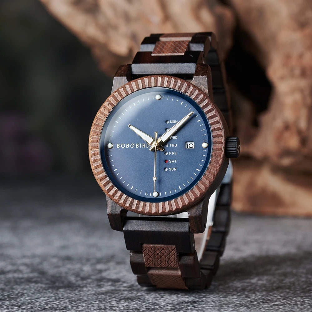 Men’s quartz watch simple fashion new couple wooden bobobird top brand timepieces week date display custom unique gift
