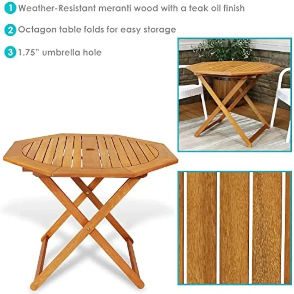 Meranti wood octagon outdoor folding patio table - teak oil finish - united states