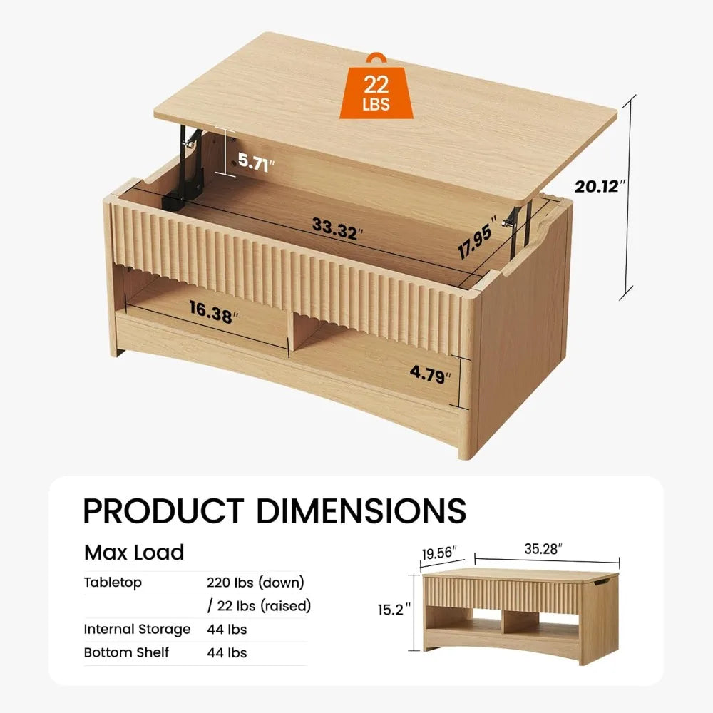 Coffee table fluted lift top 35.2’’ wood with storage shelf & hidden compartment modern rectangle center