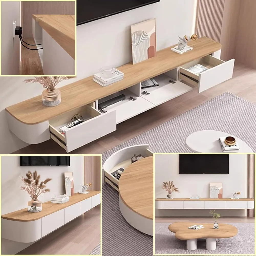 Floating tv stand large shelves wall mounted multi storage compartment tvs media console cabinet bench