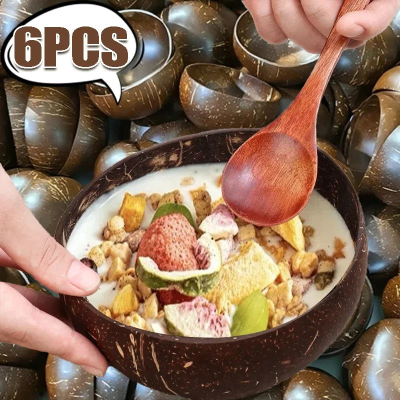 New coconut bowls and wooden spoon sets reusable natural shell for dessert yogurt fruit salad kitchen tableware