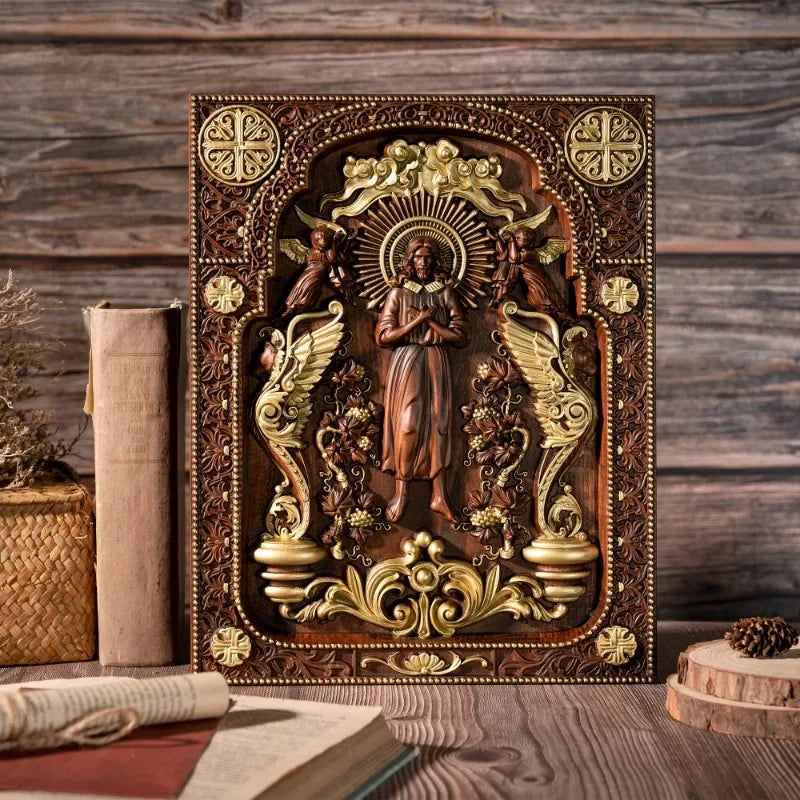 Chinese jesus christ icon of ascension wooden and lion home living statue - gold / high 35cm - religious (christian)