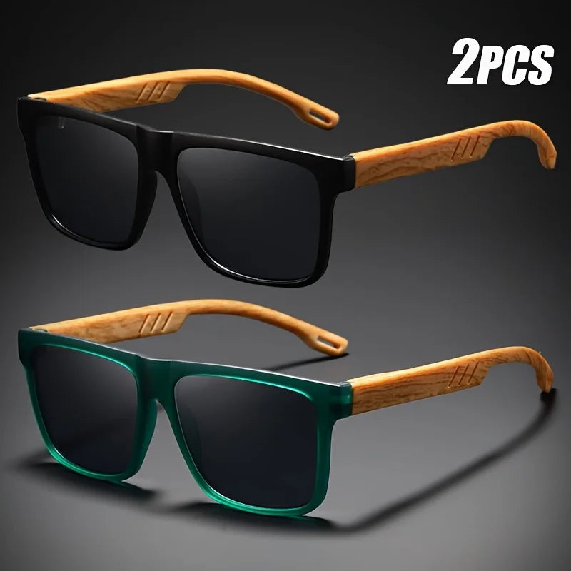 1-2pcs-new-square-casual-sunglasses-wood-grain-spring-hinges-uv400-protection-unisex-outdoor-daily-eyewear
