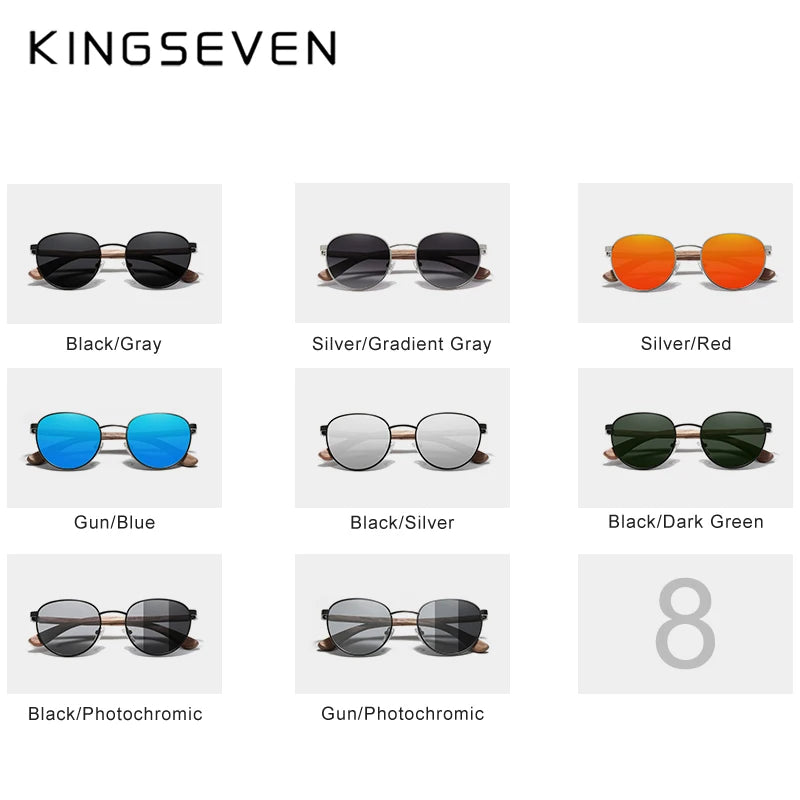 Kingseven round walnut wooden sunglasses for men polarized uv400 protection lens retro eyewear women handmade vacation