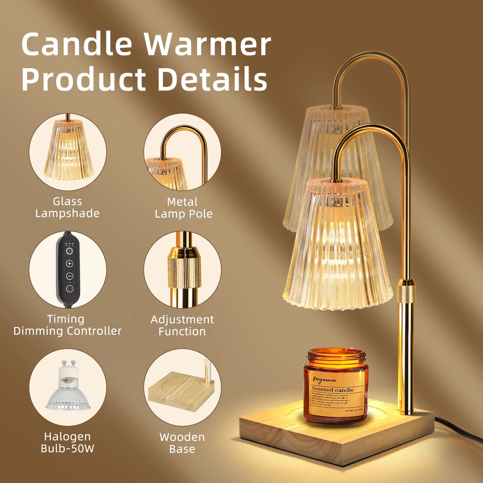 Candle heating lamp with adjustable height electric light with timer suitable for scented large cans of candles